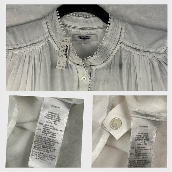 Madewell Womens Shirred Ruffle Lace-Trim Top Sz XS  Cottagecore Flowy Blouse NWT - Picture 11 of 13